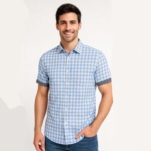 Hammer Made Linen Cotton Blend Bule White Check Short Sleep Button Down Shirt